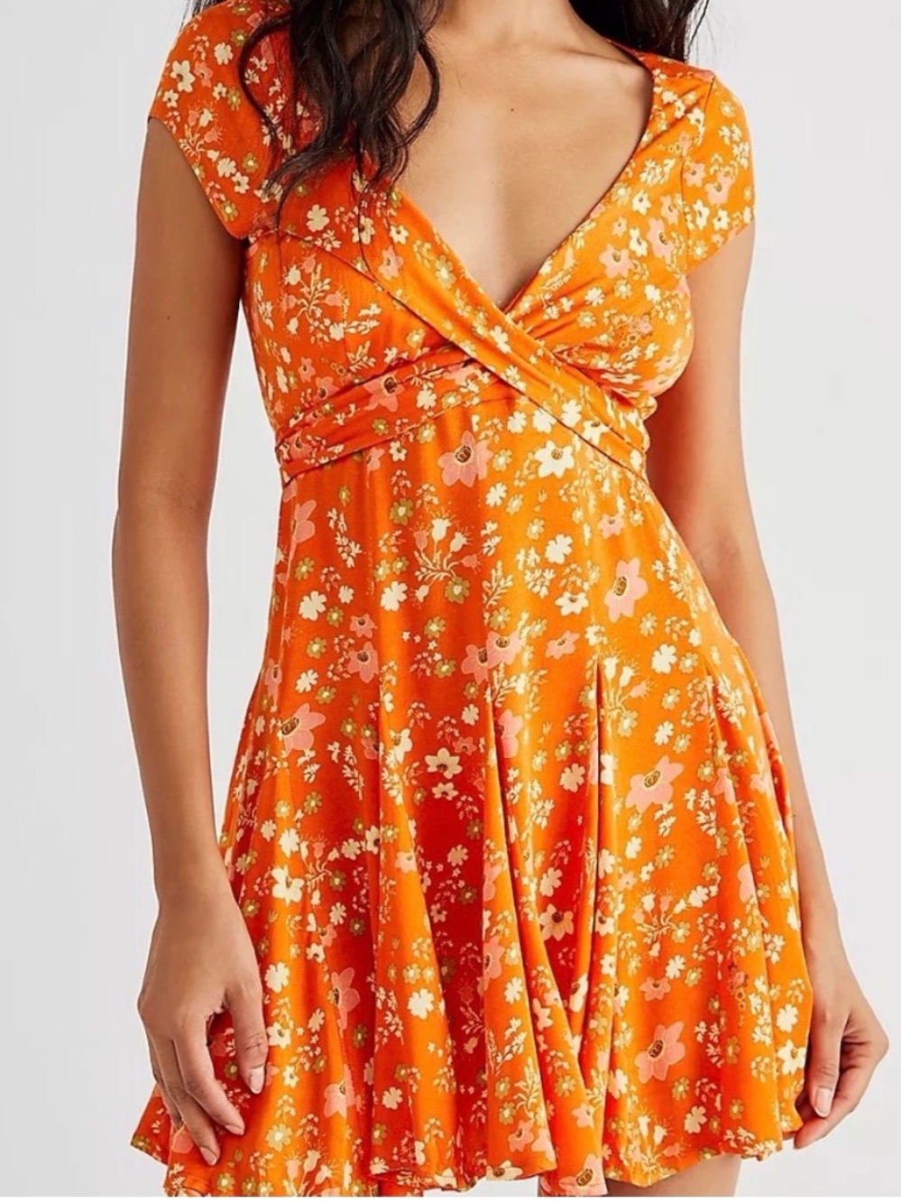 Free People It Takes Two Wrap Dress Floral Open Back Mini Size S orange